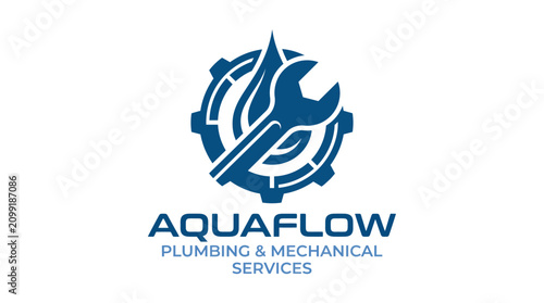 Obraz na płótnie Professional plumbing and mechanical services logo design featuring a wrench and water drop icon