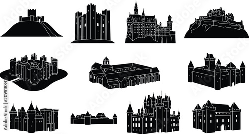 Obraz na płótnie Set of black silhouette icons of historic medieval castles, fortresses, and pala