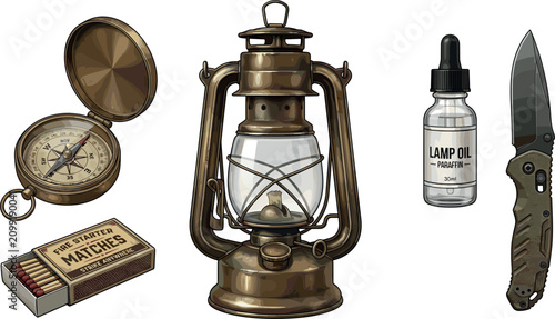 Photos Vintage Camping Survival Gear Vector Set with Kerosene Lantern Matchbox Brass Po