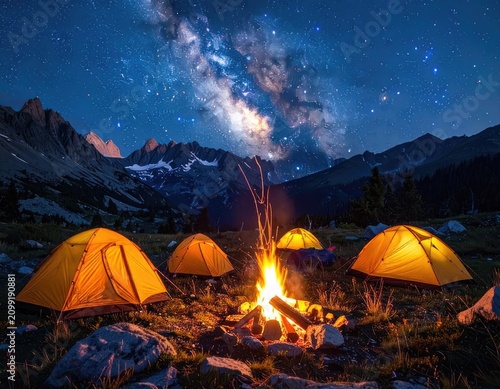Camping under the Milky Way with a campfire and tents.