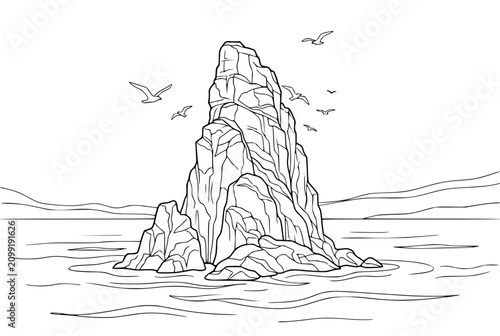 Rocky Island in the Sea with Flying Birds Line Art Coloring Page