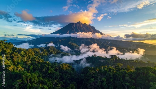 Majestic Mount Kinabalu emerges from morning clouds above a lush rainforest.