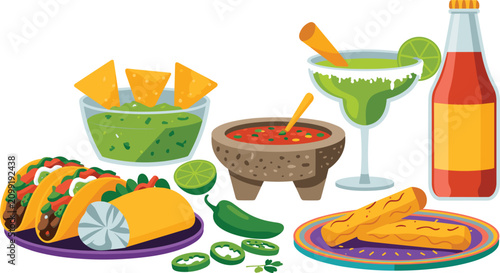 Bild auf Leinwand Traditional Mexican food and drinks vector illustration set featuring delicious tacos, burrito, guacamole with tortilla nacho chips, spicy salsa, margarita, and hot sauce