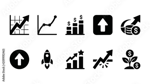 Financial growth and business performance black icon set showing market success with business investment increase statistics analysis performance