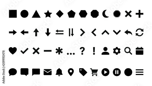 Set of black basic geometric shapes and universal interface utility icons with geometry interface elements graphics settings download shopping