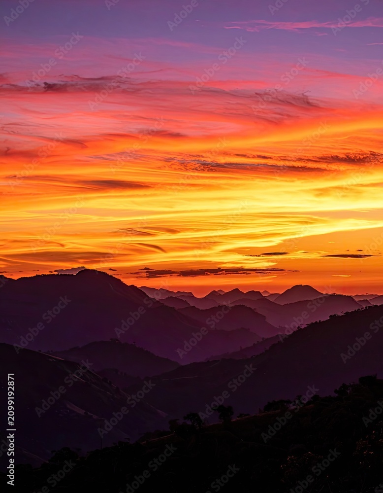 Fototapeta premium Majestic mountain range silhouetted against a vibrant sunset sky.