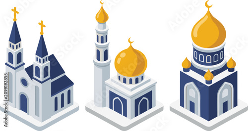 Foto Isometric Religious Buildings Collection Featuring Church Mosque and Orthodox Ca