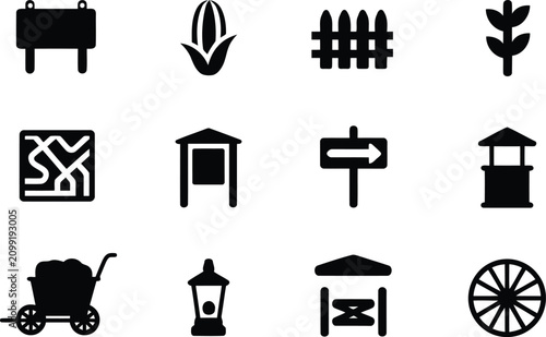 Schilderij op canvas Farm and country life icon set with black agriculture tools livestock and rural