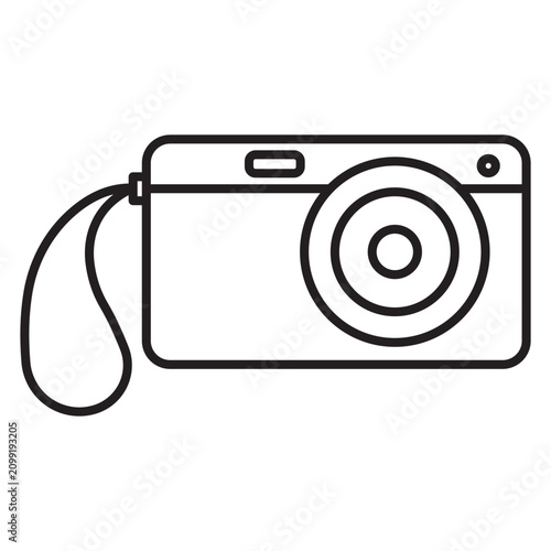 Outline vector icon of a digital camera for photography and travel.