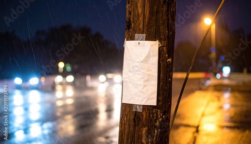 Rainy Urban Street at Night with a Blank Crumpled White Paper Notice on a Wooden Pole