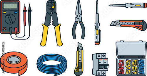 Foto Electrician Tools Icon Set with Multimeter Wire Strippers Pliers Tape Cable Circ