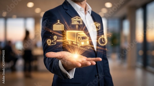 Businessman holding holographic logistics icons. Digital supply chain management interface.