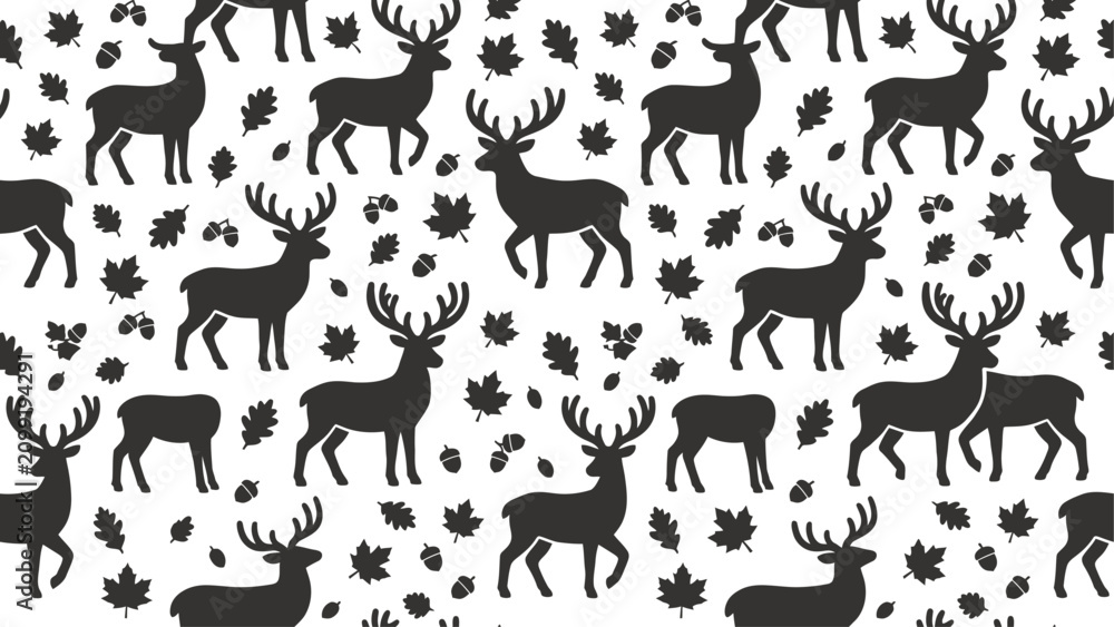 Fototapeta premium Seamless pattern with black deer silhouettes, oak leaves, and acorns on white. Nature wildlife forest background. Flat vector illustration EPS 10.