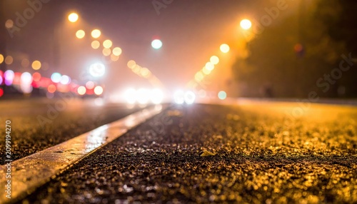 Foggy Night Road with Glowing Bokeh Lights on Wet Asphalt Surface for Urban Travel Adventure