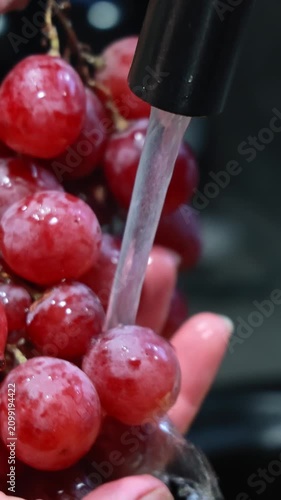 Close up of female hands washing bunch of fresh red grapes under water tap, woman cleaning sweet fruit in kitchen sink before healthy snack eating
