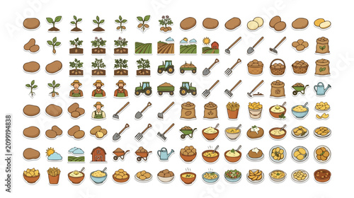 Canvastavla Potato farming and cultivation vector icon set, 100 editable flat line icons for agriculture, harvest, and food production