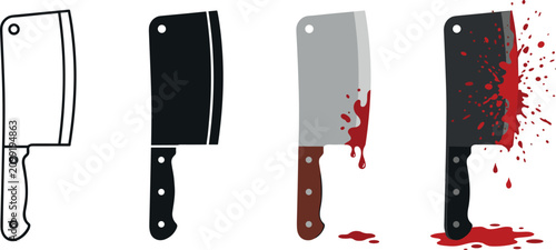 Meat Cleaver Knife Icon Set with Outline Silhouette and Bloody Butcher Blade Variations Vector Illustrations for Halloween and Horror Theme Designs