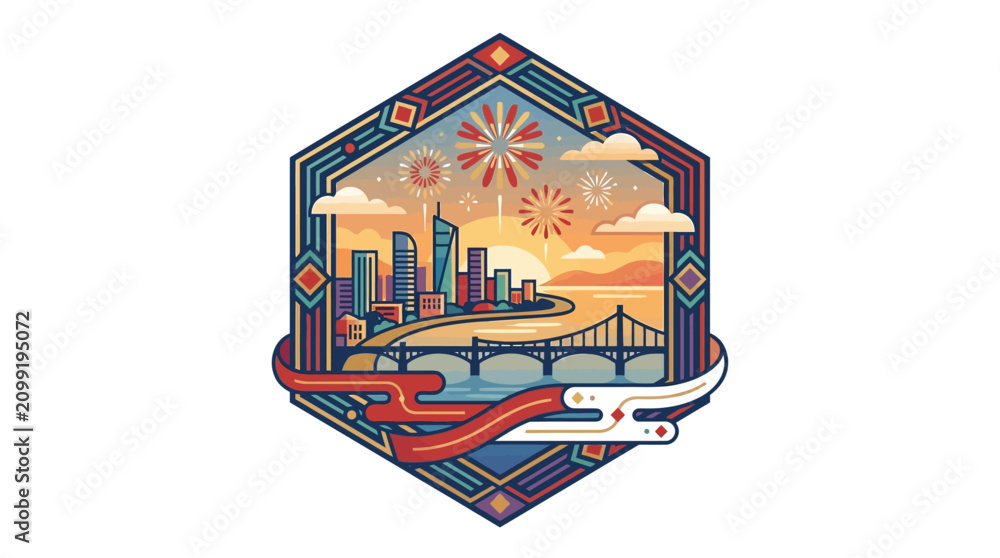 Fototapeta premium Urban Landscape with Fireworks, Panoramic View, Minimalist Design in Gold and Red