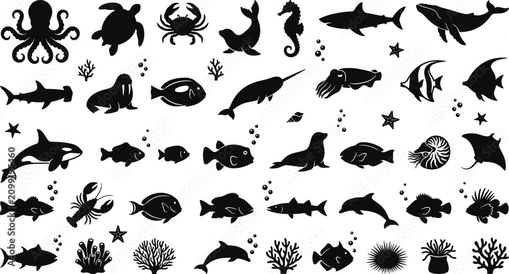 Obraz premium Marine Sea Life Silhouette Collection Featuring Octopus Whale Shark Dolphin Fish Coral Ocean Wildlife Black Vector Clipart Illustration Set