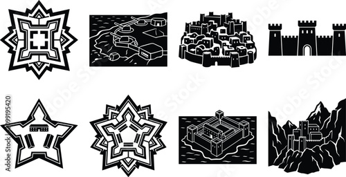 Foto Set of black silhouette icons of military forts, star-shaped fortifications, med