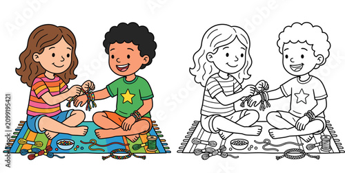 Cute kids making friendship bracelets