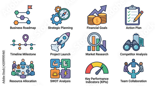 Strategic Planning Icons Collection Featuring Briefcase, Presentation Board, and KPI Charts for Business Productivity