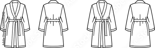 Tableau sur toile Set of technical sketches featuring classic lounge robes with shawl collars, tie waist belts, and long sleeves for apparel design