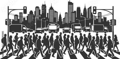 фотографія Crowd of people walking across busy city street intersection in black silhouette