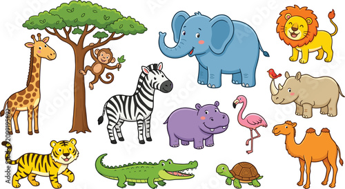 Canvas Print Cute African safari jungle animal cartoon vector set featuring lion, elephant, g
