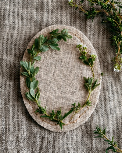 Blank oval skincare label with stitched herb wreath on natura