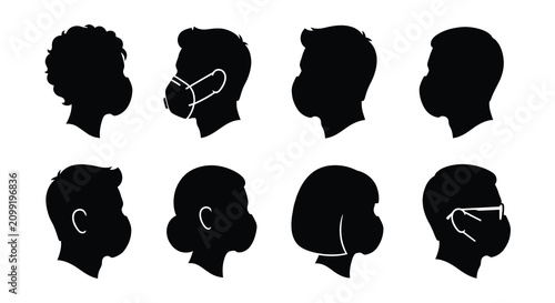 Tableau sur toile Silhouettes of heads wearing face masks black vector illustration