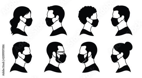 Schilderij op canvas Silhouettes of heads wearing face masks black vector illustration