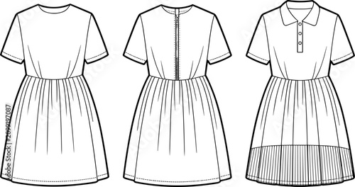 Photos Women's casual dress technical flat sketch set featuring round neck, zipper front, and polo collar with pleated hem variations