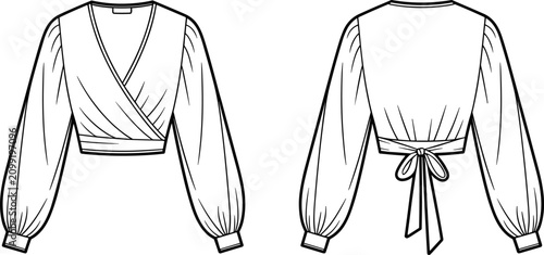 Foto Women's stylish wrap blouse long puff sleeve flat technical fashion sketch showing front and back views for apparel design