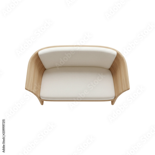 Contemporary minimalist oak loveseat with cream fabric upholstery from a top-down perspective on a white background, concept of modern interior furniture design