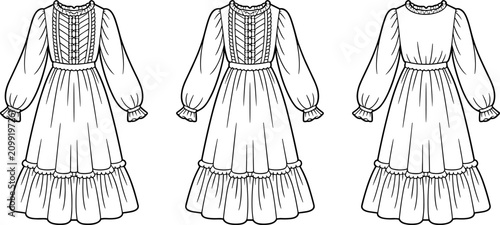 Foto Women's vintage style midi dress technical flat sketch with ruffled details long puff sleeves and gathered hem fashion illustration