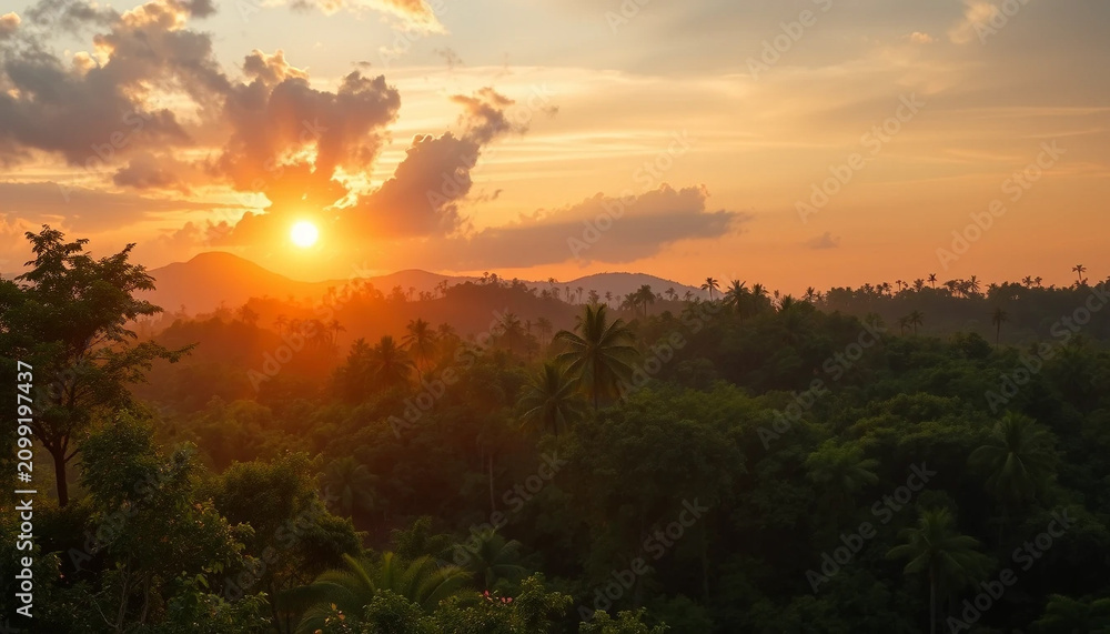 Naklejka premium Golden glow over jungle forest