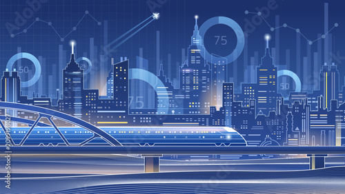 A futuristic night cityscape with a high-speed train on a bridge, featuring glowing skyscrapers, financial data graphs, charts, and a flying airplane in a digital blueprint style.