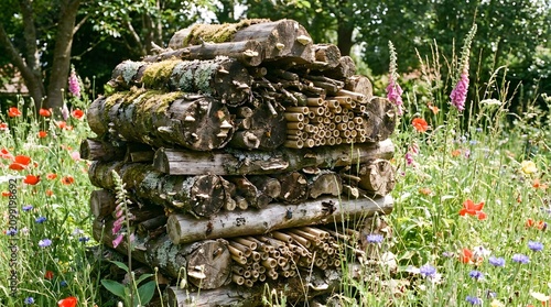 Rustic insect hotel constructed from stacked wooden logs and hollow bamboo stems placed amidst a colorful summer wildflower garden meadow