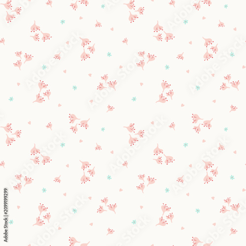 Cute Floral Seamless Pattern Vector with Delicate Pink Flowers, Hearts and Mint Blossoms on Light Background for Textile Fabric, Wallpaper and Wrapping Paper