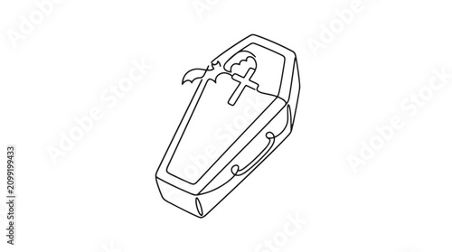 Fotografía Minimalist one line drawing of a coffin with cross and bat, continuous line art