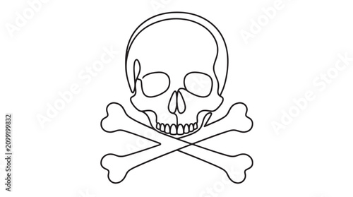 Foto Minimalist continuous line drawing of human skull and crossbones, pirate jolly r