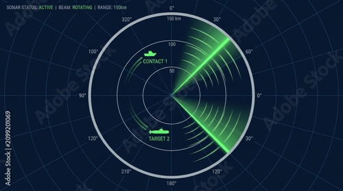 Digital radar screen scanning for targets. Futuristic sonar interface for military tech.