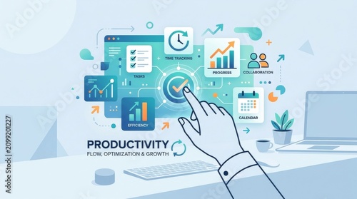 Digital productivity concept with modern icons. Business professionals working efficiently on a computer workspace.