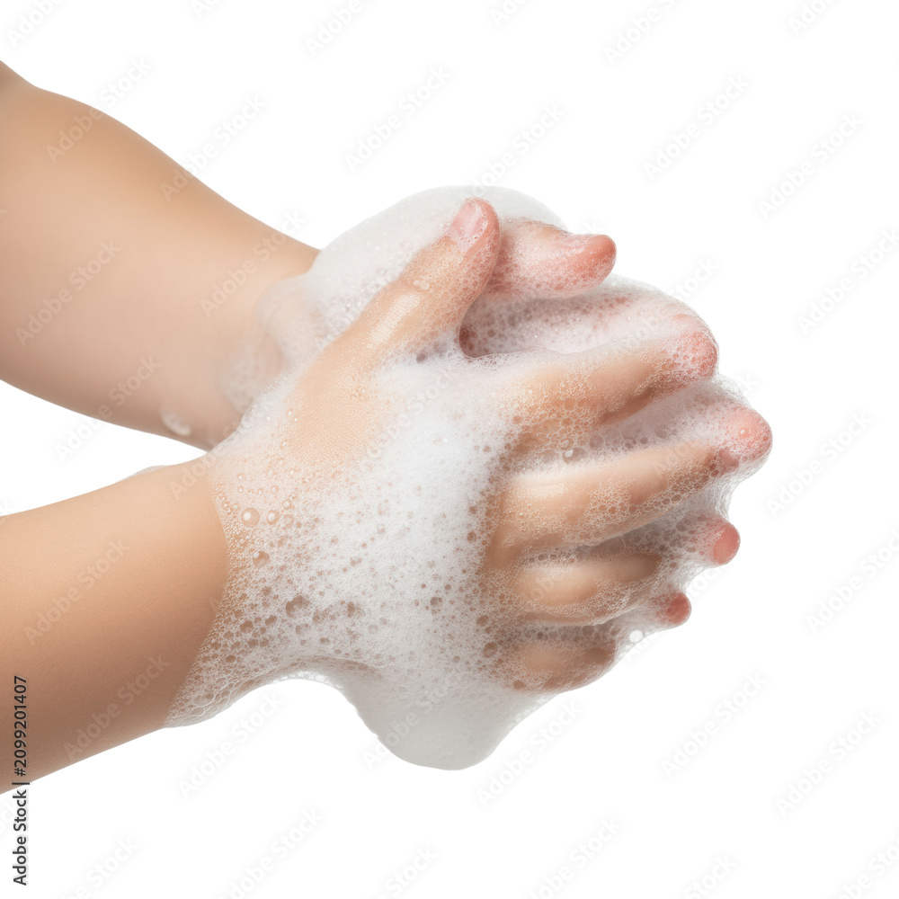 Fototapeta premium Small child hands cupped and covered in thick white soap foam with iridescent bubbles against a transparent background, concept of pristine hand hygiene