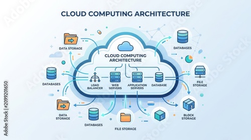Minimalist cloud computing architecture diagram. Visual representation of data storage and processing. Tech infographic for IT professionals and cl...
