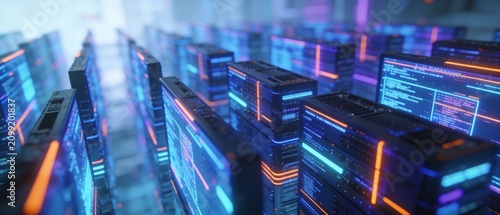 Futuristic server racks glowing with vibrant data center energy under dynamic digital lighting