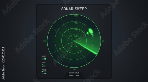 Digital sonar radar screen. Green circular navigation display for maritime surveillance.
