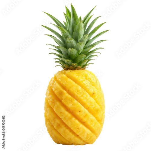 A single peeled pineapple with a spiral pattern stands against a clean white background.