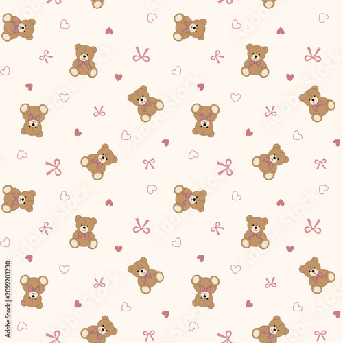 Cute Teddy Bear Seamless Pattern Vector with Hearts and Bows on Warm Cream Background for Baby Textile Fabric, Nursery Wallpaper and Wrapping Paper